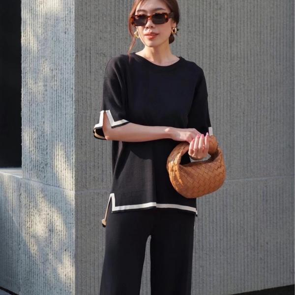 2 Piece Womens Sweater Casual Knit Sets Short Sleeve Pullover Tops Elastic Waist Wide Leg Pants Lounge Set
